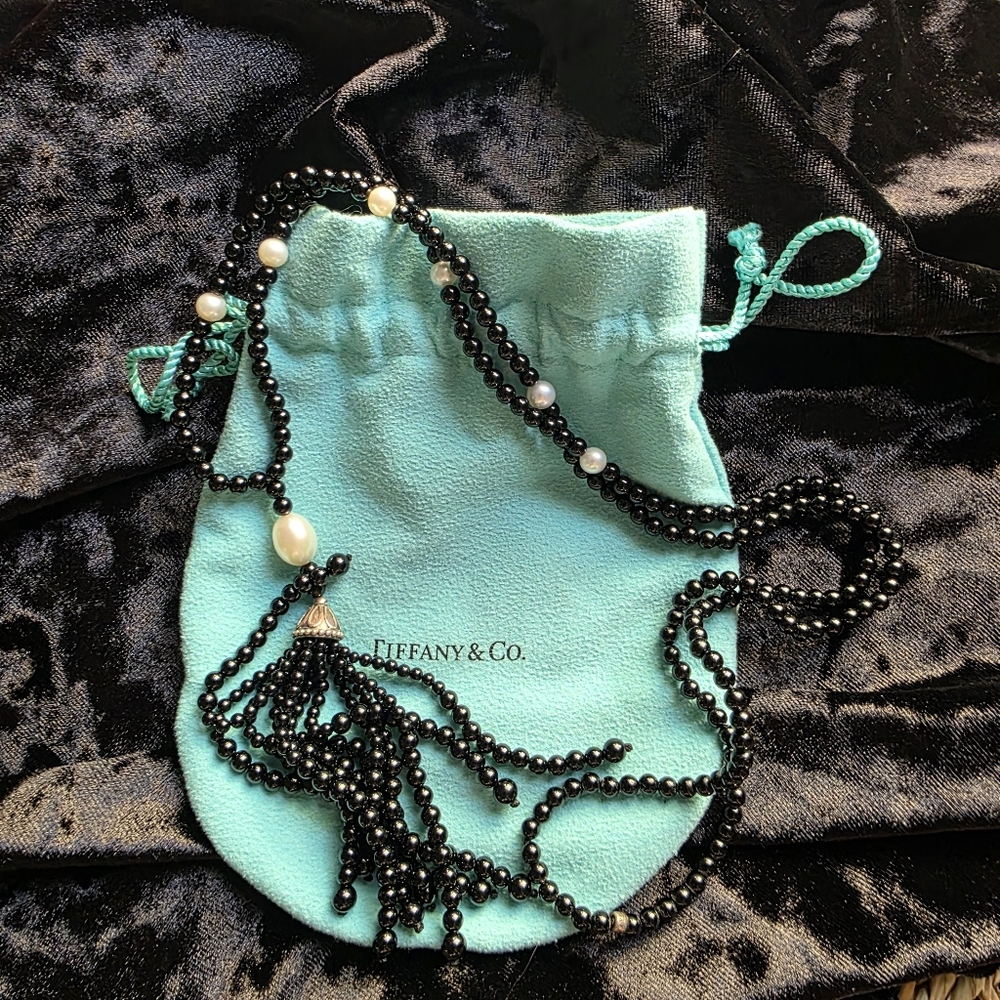 Vintage & Retired Zigfield Tiffany & Co. Black Onyx Beaded Necklace with Pearls